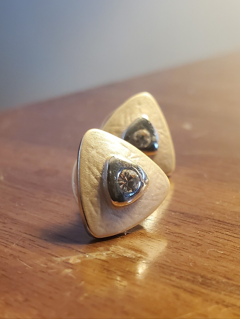 Gold and Silver Triangle Stud Earrings with Crystal Center